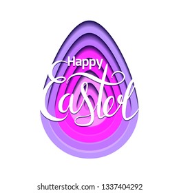 Greeting card with egg carving of paper with layer tonnel, shadow and Easter lettering. Vector easter element for card for greetings, invitations, banners, stickers and for your design