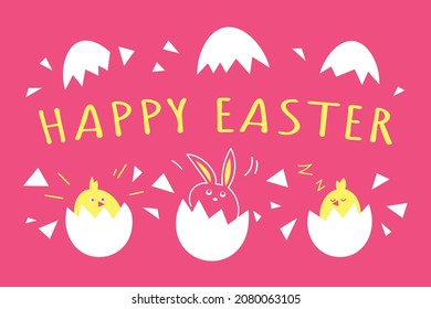 Greeting card with eggs, rabbit and chicken for Happy Easter Day. A comic about a hatched hare from an egg on a pink background. Surprised bird and egg shell shard. Vector illustration.