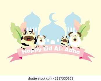 tarjeta de saludo de la celebración de eid al adha. ilustración vectorial del día del sacrificio. con el fondo de la mezquita sagrada