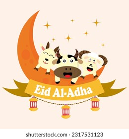 Grußkarte von eid al adha Feier. Vektorgrafik Tag der Opfer. mit süßen Opfertieren auf dem Mond