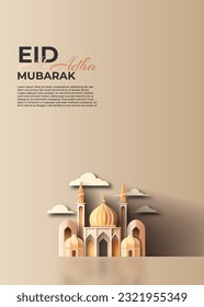 a greeting card eid al adha with mosque and islamic ornament vector paper cut style 