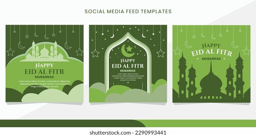 Tarjeta de saludo eid al fitr para la fuente de medios sociales. Diseño de publicación de plantilla. Selamat hari raya idul fitri en indonesio. eps10.