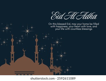 Greeting card Eid Eid Al-Adha design template background with mosque silhouette. vector illustration background, Islamic celebration and tradition. Banner, flyer.