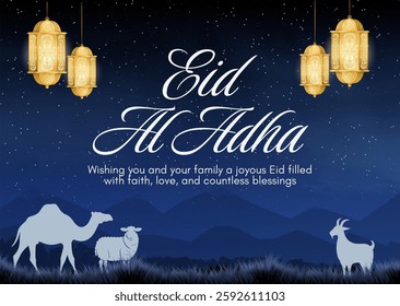 Greeting card Eid Eid Al-Adha design template background with camel, sheep and goat silhouette. vector illustration background, Islamic celebration and tradition. Banner, flyer.