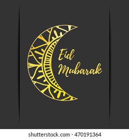 Greeting card of Eid Mubarak holiday. Golden moon on dark background. Vector illustration