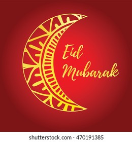 Greeting card of Eid Mubarak holiday. Golden moon on red background. Vector illustration