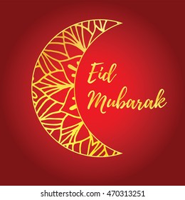 Greeting card of Eid Mubarak holiday. Golden moon on red background. Vector illustration