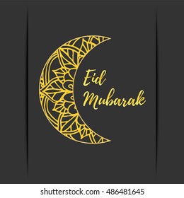 Greeting card of Eid Mubarak holiday. Golden moon on dark background. Vector illustration