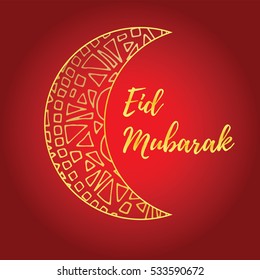 Greeting card of Eid Mubarak holiday. Golden moon on red background. Vector illustration