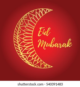 Greeting card of Eid Mubarak holiday. Golden moon on red background. Vector illustration