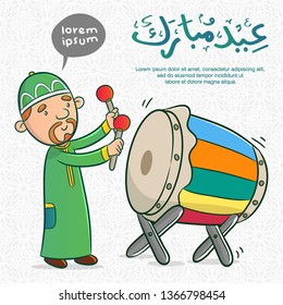 greeting card eid mubarak with muslim cartoon playing the bedug, eid mubarac calligraphy is mean happy islamic big day, poster or banner design
