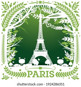 Tarjeta de felicitación con Torre Eiffel en París. Plantilla con hojas para cortar láser. Ilustración vectorial. Invitación a cortar papel.