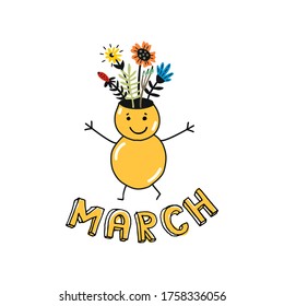 Greeting card for the eighth of March. Vase in the form of the figure eight with a bouquet of flowers.
