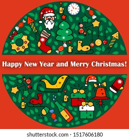Greeting card with elegant design in a circle of holiday symbols. for the celebration of Christmas and New Year. Doodle style
