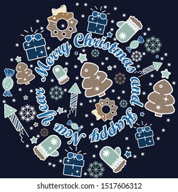 Greeting card with elegant design in a circle of holiday symbols. for the celebration of Christmas and New Year. Doodle style