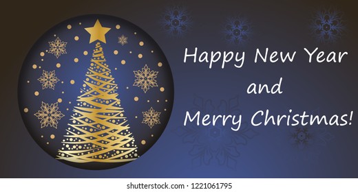 Greeting card with elegant text design . for the celebration of Christmas and New Year. Wood carving, origami. Fashionable design