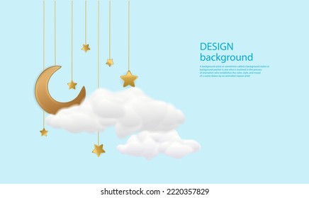 Greeting card elements with half moon in clouds and stars.vector illustration