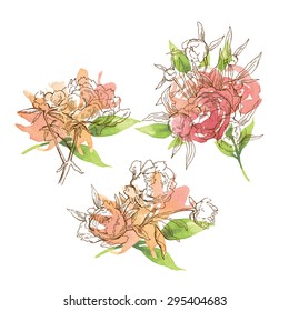 Greeting card elements. Peons flower. Calligraphy inscriptions. 
