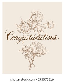 Greeting card elements. Peons flower. Calligraphy inscriptions. 