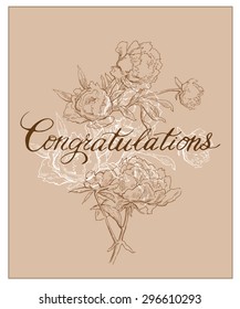 Greeting card elements. Peony flowers. Calligraphy inscription Congratulations.