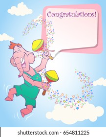 Greeting card. The elephant flies through the sky and plays on maracas. Vector illustration.
