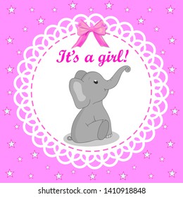 Greeting card with elephant for a girl on Baby Shower. Pink background. Baby shower invitation card with grey elephant. Vector illustration eps10
