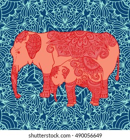 Greeting card with elephant. Hand drawn elephant Illustration for design, pattern, textiles. Use for children's clothes, web sites pattern, banner, fabric print, poster