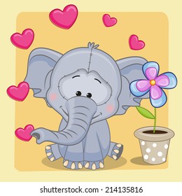 Greeting card Elephant with heart and flower 
