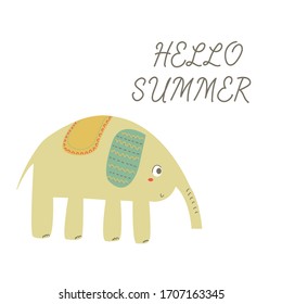 Tarjeta de saludo con elefante. Adiós verano. Vector.