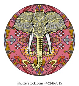 Greeting card with Elephant and Mandala ornament. Hand drawn doodle sketch animal, tribal ethnic pattern. Isolated design elements on white background. Zentangle style art