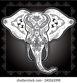 Greeting card with Elephant, skeletons with floral & Ethnic patterns. Colorfull Vector illustration.