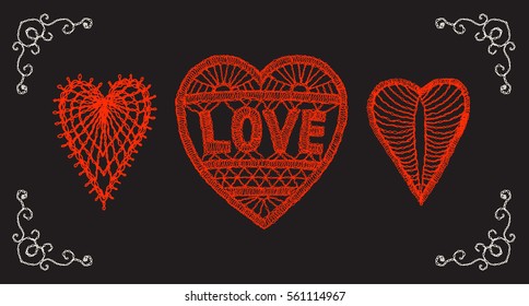 Greeting card with embroidered heart,  knitted items with ethnic ornament, lace heart for Valentine, made with love