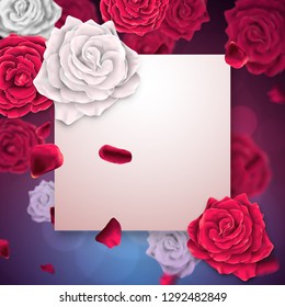 Greeting card with empty paper field with roses on a background. 