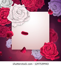 Greeting card with empty paper field with roses on a background. 