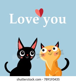 Greeting card with enamored kittens on a blue background