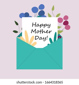 A greeting card envelope with flowers on Mother's Day with an inscription. Vector illustration in doodle style and flat style. Design for packing, cards, posters, certificates, for background.