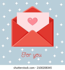 Tarjeta de felicitación con un sobre. Mensaje de amor. Carta de amor para el Día de San Valentín para afiches, impresos, tarjeta de vacaciones