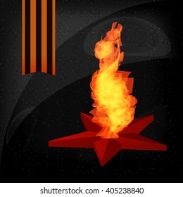 Greeting card with an eternal flame in red star and a St. George's ribbon. May 9 russian holiday victory. 