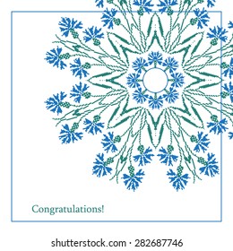 Greeting card with ethnic cornflower ornament pattern on white background. Vector illustration. From collection of Balto-Slavic ornaments