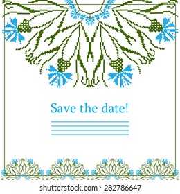 Greeting card with ethnic cornflower ornament pattern on white background. Vector illustration. From collection of Balto-Slavic ornaments