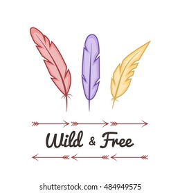 Greeting card with ethnic motifs. Feathers, arrows in boho style. Wild and free. Hand drawn vector illustration.