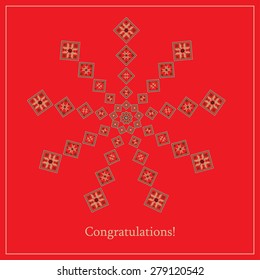 Greeting card with ethnic ornament pattern in different colors on red background. Vector illustration. From collection of Balto-Slavic ornaments