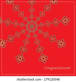 Greeting card with ethnic ornament pattern in different colors on red background. Vector illustration. From collection of Balto-Slavic ornaments