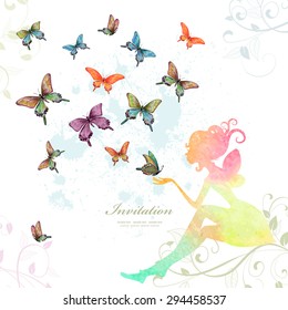 greeting card with fairy with butterflies. watercolor painting. vector illustration