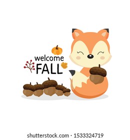 Greeting card for the fall season.Cute fox holding acorns.