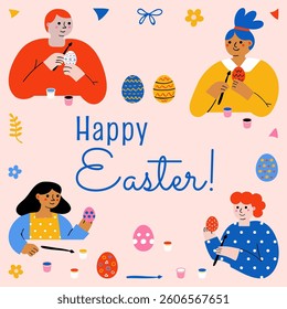 Greeting card of a family decorating Easter eggs in vibrant colors with the text Happy Easter. People. Festive day vector banner. Background.