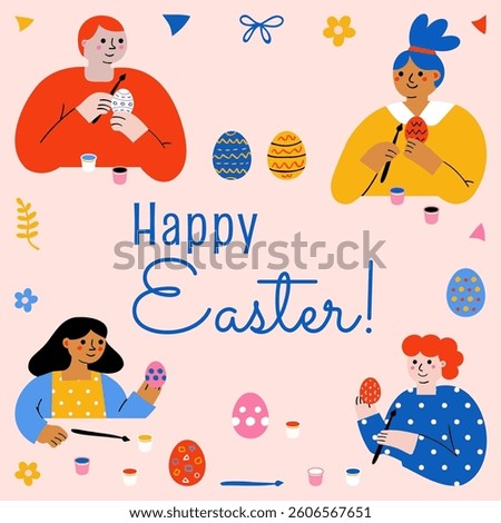 Greeting card of a family decorating Easter eggs in vibrant colors with the text Happy Easter. People. Festive day vector banner. Background.