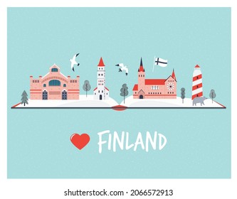 Greeting card with famous landmarks of Finland. Vector illustration with tourist attractions