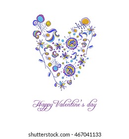 Greeting card with fantastic flowers. Branch, leaf, flower elements. Heart design. Bright colors. Happy Valentine's day
