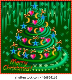 Greeting card with fantasy fairytale Christmas tree on a green background, vector cartoon image.